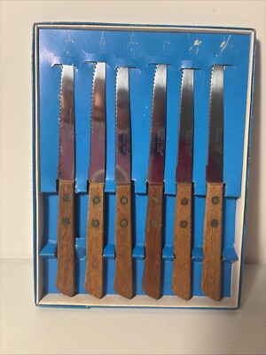 Vintage Washington Forge S/S Super Sharp 6 Steak Knives Hardwood handles Japan