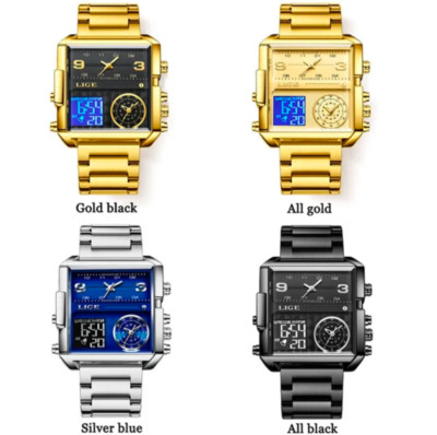 LIGE Herrenuhr Multifunktion Quarz Edelstahl Wasserdicht Datum Doppelanzeige