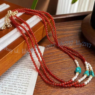 Handmade 6MM Red Agate Gems Round Beads White Pearl Turquoise Necklace 14-36''