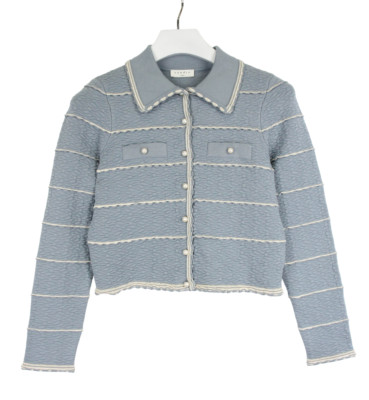 SANDRO Infinity Cardigan Women's MEDIUM Textured Buttoned Polo Neck Blue