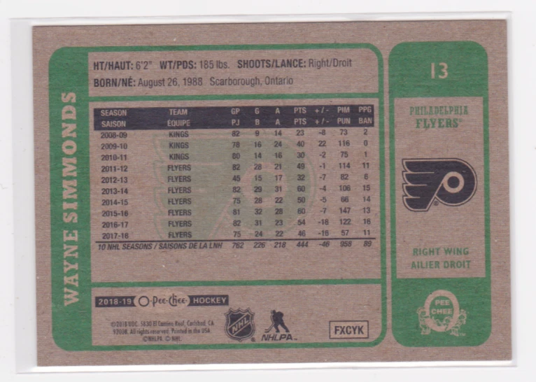 2018-19 O-PEE-CHEE RETRO BASE PARALLEL WAYNE SIMMONDS #13 PHILADELPHIA FLYERS - Image 2 of 2