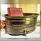 Solid Brass Planter Antiqued Brass Cherub Footed Container Pierced Sides  *