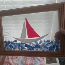 Stained Glass Sailboat Blue White Condition Details Available in the Description