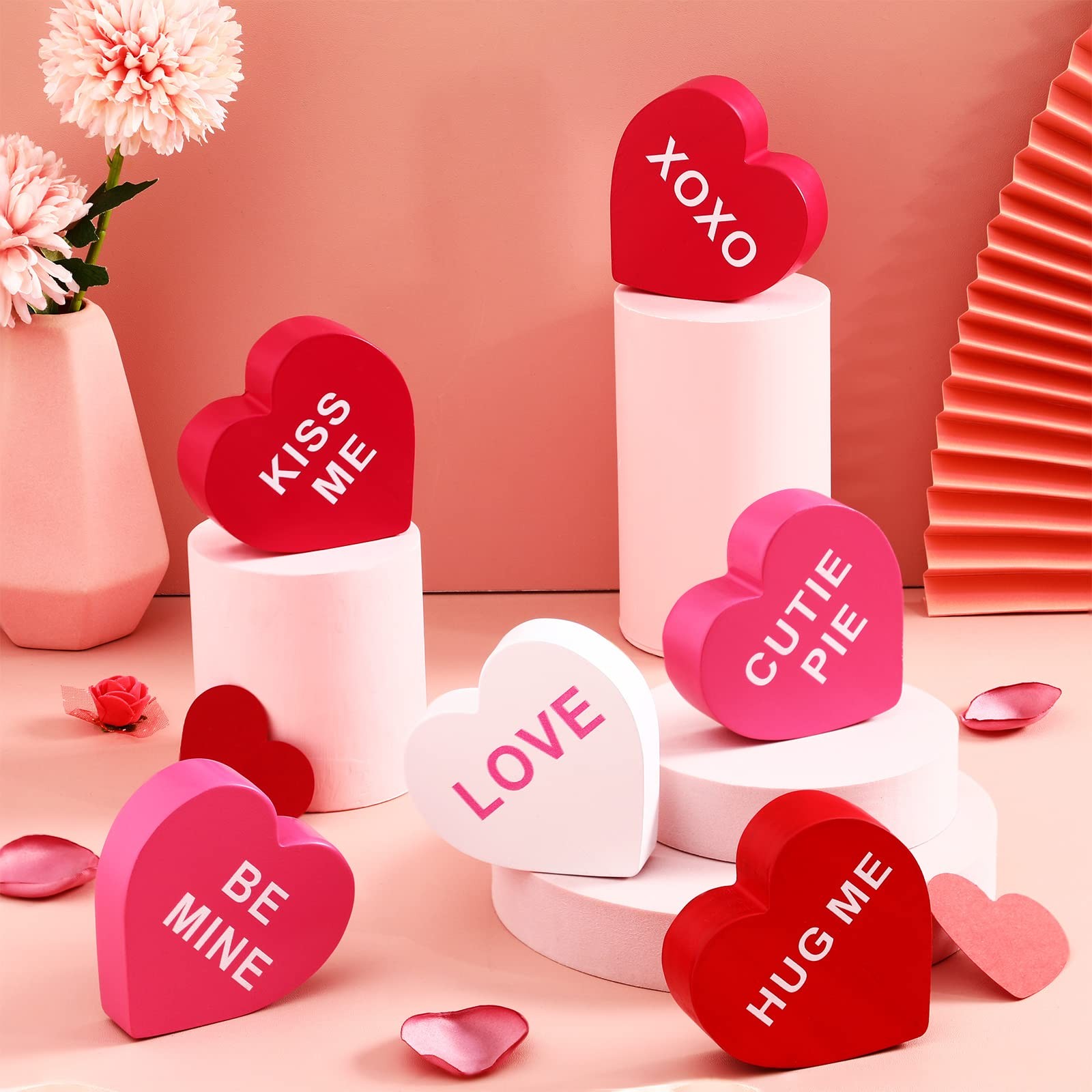 6 Pcs Valentine's Day Decorations Wooden Heart Home Decor Conversation Signs ...