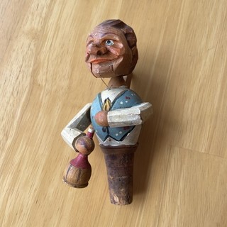 Vintage 50er Jahre handgeschnitzt Holz mechanisch Flaschenverschluss Mann Trinkflasche