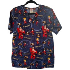 Disney Pixar Women's Blue Incredibles Cartoon Print Scrub Top Size Small