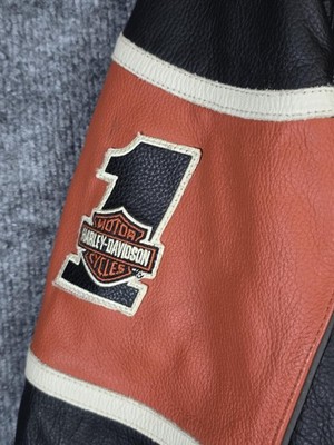 Harley Davidson Leather Jacket Mens XL Black Orange Racing