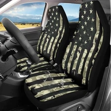 Car Seat Cover Front Seats Only Waterproof A-American Flag Green Camo Hunting