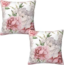 Peony Flower Pillow Covers 18x18 18 x 18 (Pack of 2), Pink Floral White 