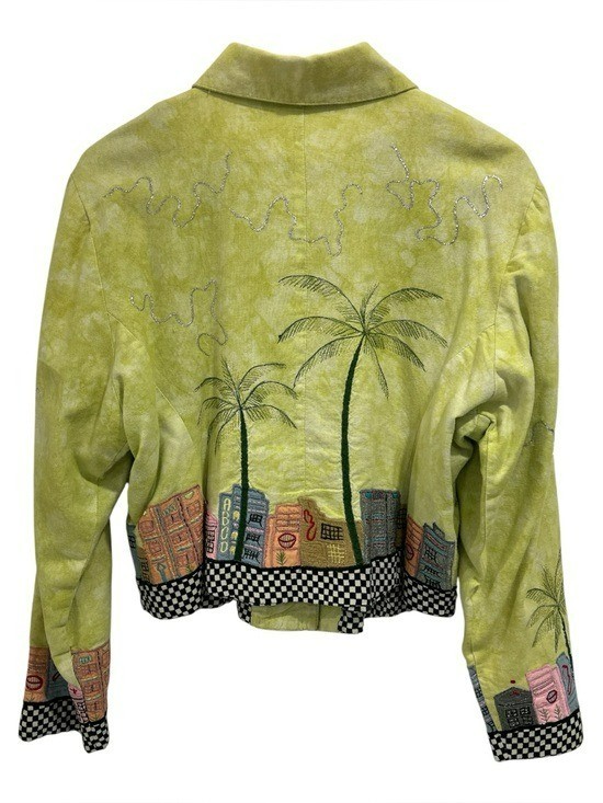 Vintage Tropical City Palm Trees Lime Green Embroidered Cotton Jacket ...
