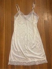 Vintage White Slip Dress Lace Trim Neckline Hem Adjustable Straps Size M