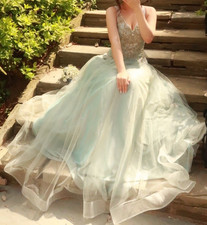 Light Blue Prom dress with gold details and Open Back, Pre-owned Excellent
