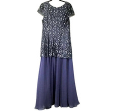 Alex Evenings Dress Womens 14 Navy Blue Sequin Lace Gown Chiffon Formal Maxi