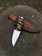 Custom Handmade Skinner Knife – Ram Horn & Ebony Wood Handle with Leather Sheath