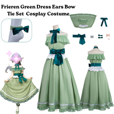 Anime Frieren Green Dress Ears Wrist Guards set Cosplay Costume Halloween party