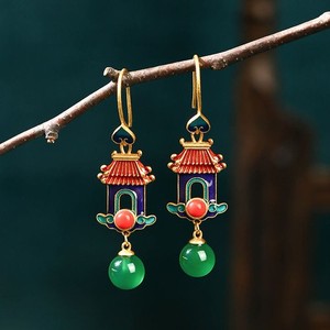 Authentic Chinese Enamel Gold Plated Earrings Palace Style Green Chalcedony Dangle