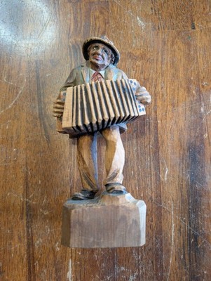 Vintage Antique Wooden Carved Folk Art Musician Accordion Player Figurine 8''