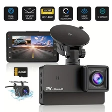 3'' Ultra HD 2K Dash Cam Front and Rear Dual Dash Camera Car DVR w/ 64GB SD Card