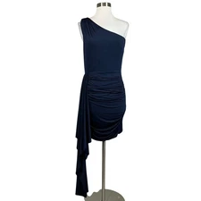 XSCAPE Women's Cocktail Dress Size 10 Blue One Shoulder Draped Mini Sheath
