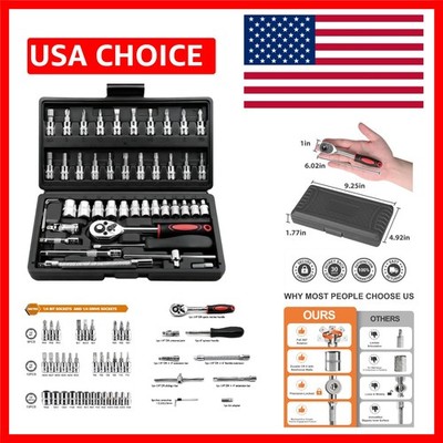 46 Pieces 1/4 inch Drive Socket Ratchet Wrench Set, with Bit Socket Set Metri...