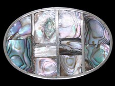 TD01125 VINTAGE 1970s  ABALONE SHELL  SOUTHWESTERN DESIGN ART BELT BUCKLE