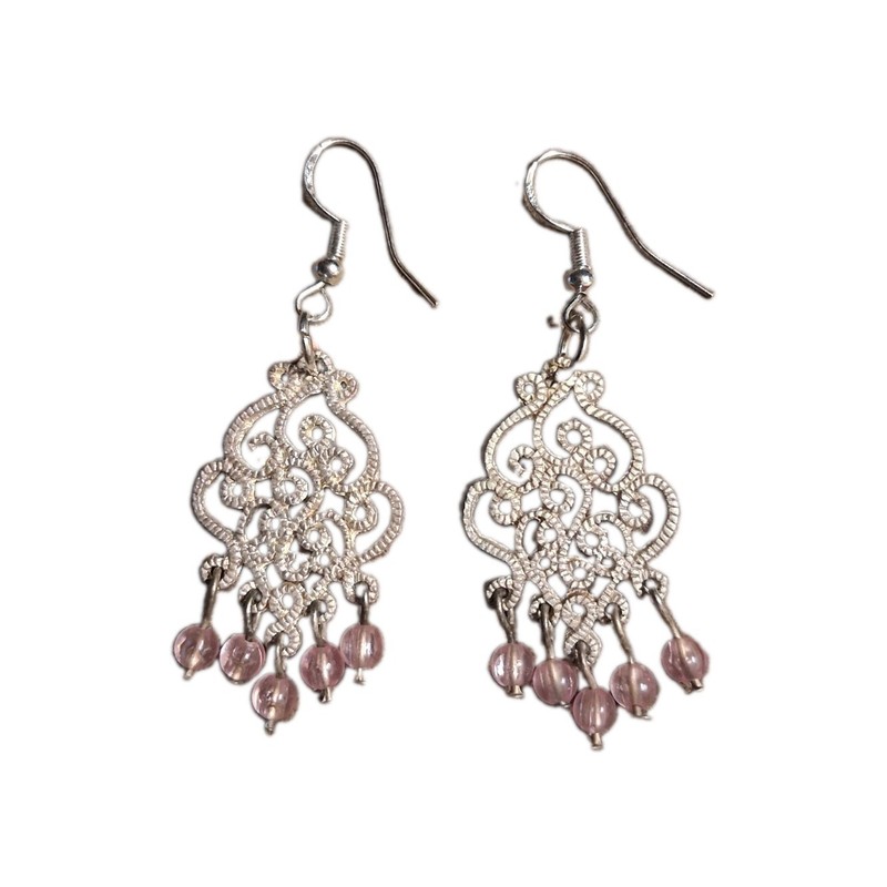 Silver Filigree Chandelier Dangling Earrings With Pink Quartz Beads 2.5in Long