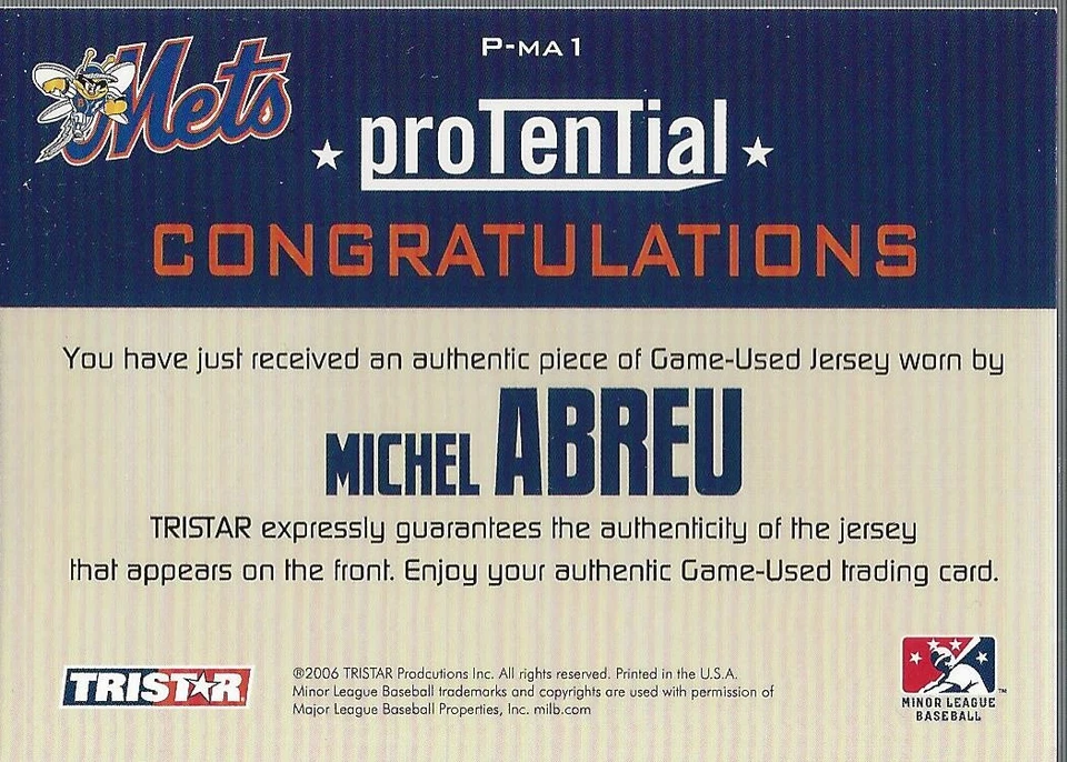 2006 TriStar Prospects Plus ProTential Game Used #MA Michel Abreu Jersey BB - Image 2 of 2