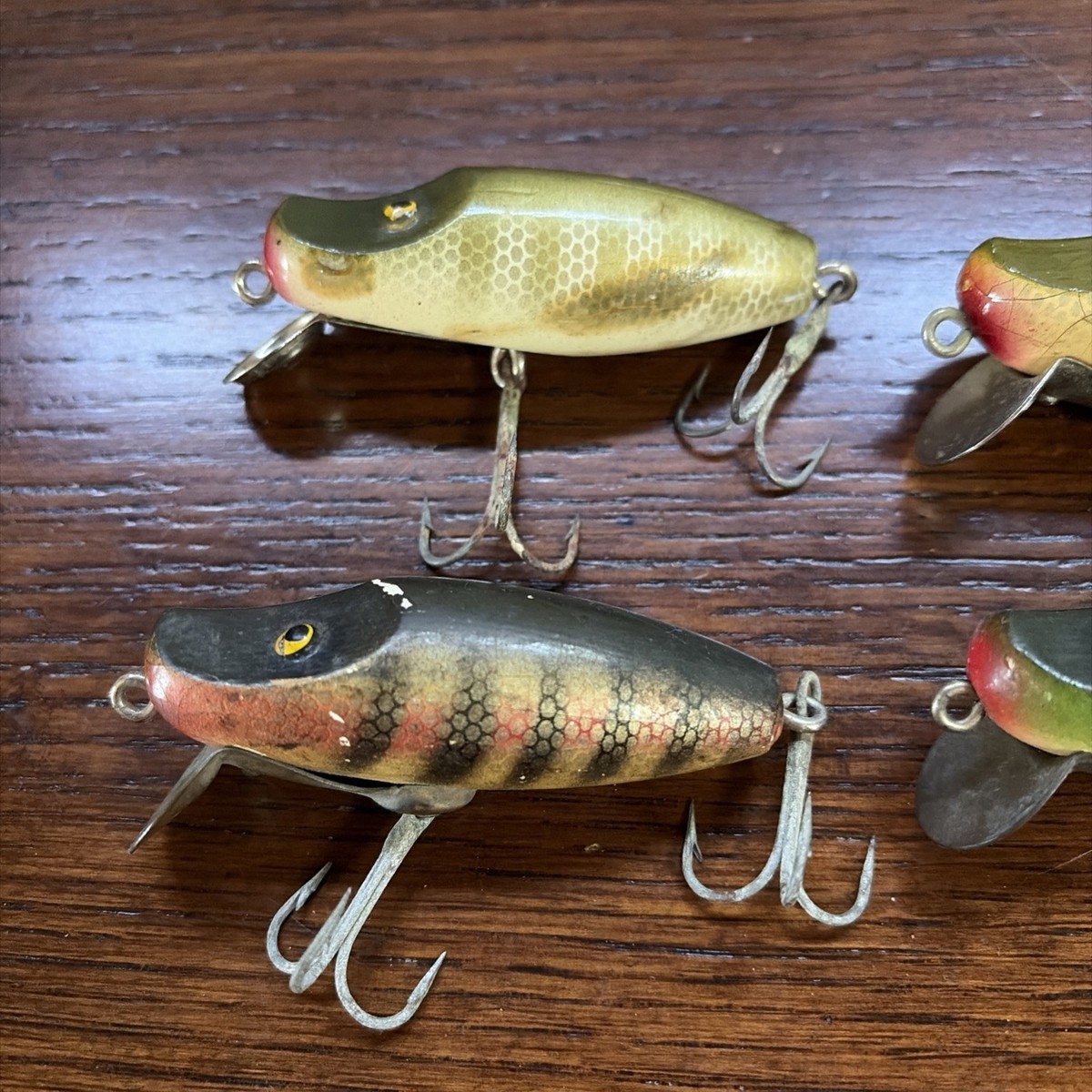 4) Vintage PAW PAW Series 9100 Runt style wood fishing lures tack