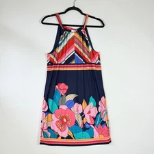 Trina Turk Women Medium Dress Stretch Retro Bold Halter Neck Stripe Floral Chic