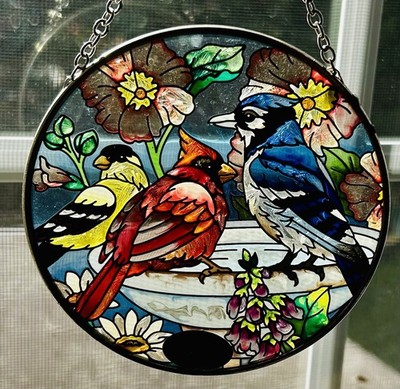 Amia Blue Jay, Cardinal, Goldfinch, Flowers & Bird Bath Suncatcher 4.5  Diameter