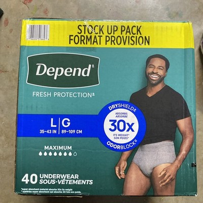 Mens DEPEND FIT-FLEX UNDERWEAR LARGE Dry Shield 40 Pack INCONTINENCE 