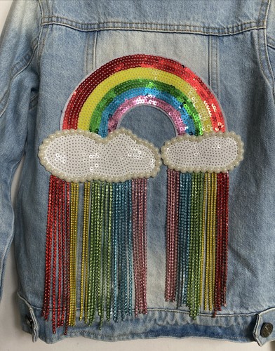 Lola + the Boys Size 8 Denim Jacket Sequin Rainbow With Cascading Crystals LOVE! - Picture 5 of 11