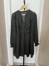 LOFT Women's Green Textured Long Sleeve Ruffle Keyhole Neckline Dress Size M