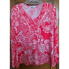 Susan Graver Liquid Knit Red White Floral V-Neck Tunic Blouse A286722 Mens L