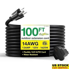 14/3 SJTW Outdoor Extension Cord 100ft Heavy Duty Molded Plug Durable Cable New