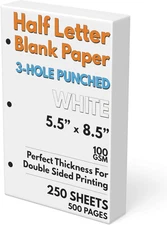 Half Letter Blank Paper, 3-Hole Punched, 250 Sheets/500 Pages, 100 GSM, Printer 