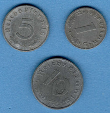 1942 Germany Third Reich. Set 3 zinc coins: 1, 5, 10 Reichspfennig SWASTIKA 397