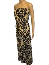 Womens A'GACI Strapless Boho Maxi Sun Dress Sz M USA Beige Paisley Jersey Knit