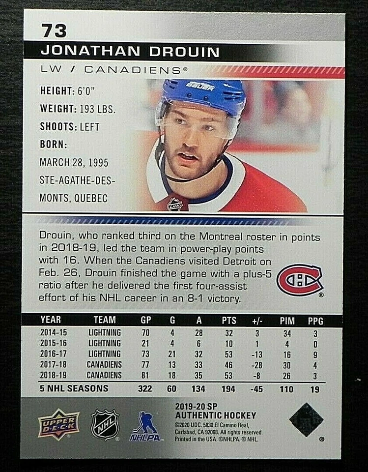 2019-20 19/20 SP Authentic #73 Jonathan Drouin Montreal Canadiens - Image 2 of 2