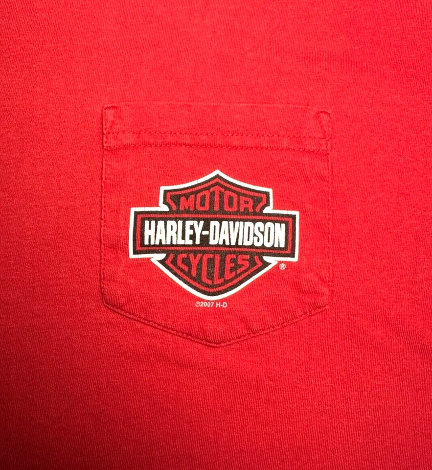 Harley-Davidson 红色棉质口袋 T 恤;男式 XL,全彩丝网印刷 — 第 2/4 张图片