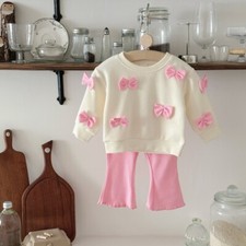 Autumn Bowknot Long Sleeved + Pink Flared Trousers Suit Fashionable Baby Clothes