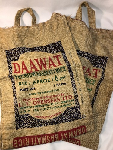 Natural Hemp Bags Gunny Sacks Lot of 2 Daawat Rice Zipper Top 18 1/2 x 13" Vtg.