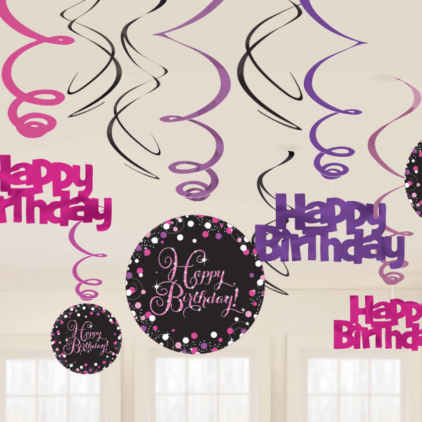 Happy Birthday Geburtstag Party Swirl Girlande Schwarz Pink Raum Deko Dekoration-image