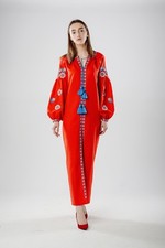 Ukrainian embroidered boho bright red dress for ladies sorochka vyshyvanka