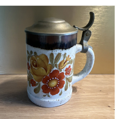 Bierkrug Steingut Keramik Blumenmotiv Zinndeckel Bier & Brauerei Sammler