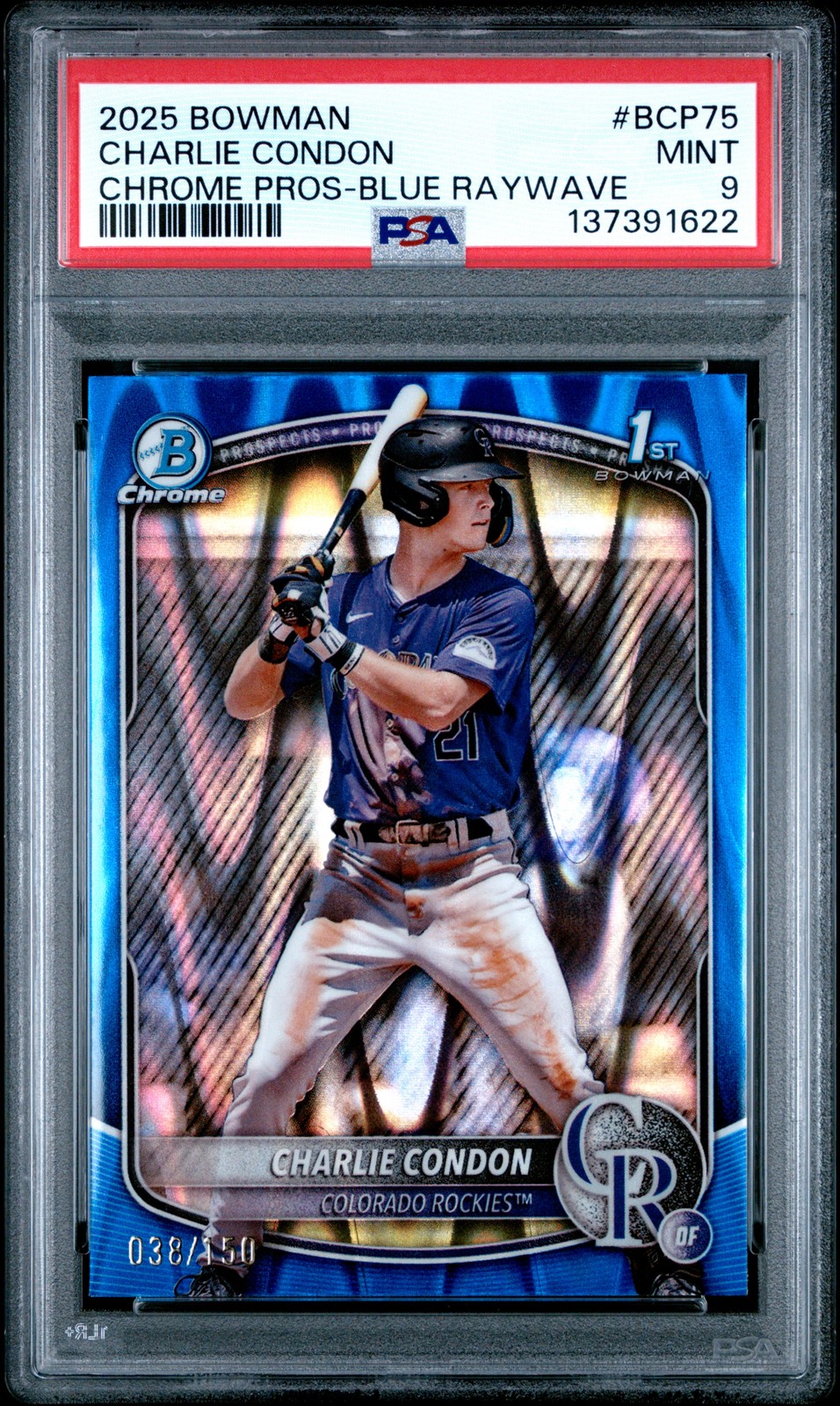 2025 BOWMAN CHROME PROSPECTS BLUE RAYWAVE #BCP75 CHARLIE CONDON 38/150 PSA 9