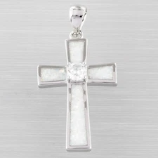 Cross 5mm Simulated Moissanite White Fire Opal Silver Jewelry Necklace Pendant