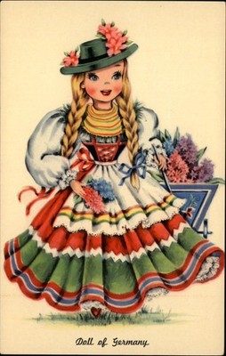Dolls of Many Lands Germany hat ethnic costume Tichnor Glass 1950s postcard