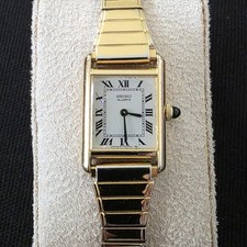 VTG Seiko 1400-5039 Slim Tank Gold Tone Watch 17mm White Dial Roman Numeral RUNS