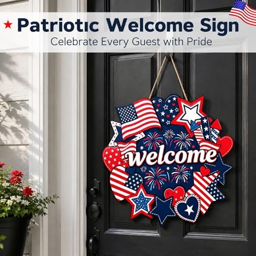 как выглядит 4th Of July Welcome Wooden Sign Independence Day Patriotic Decorations Outdoor фото